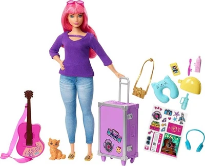MATTEL Barbie Daisy Spielpuppe Anziehpuppe Gitarre Reiseset pinkfarbenem Haar und Katze
