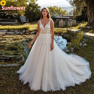Elegant A-Line Wedding Dresses V-Neck Backless Lace Appliques Sweep Train Gowns - Picture 1 of 9