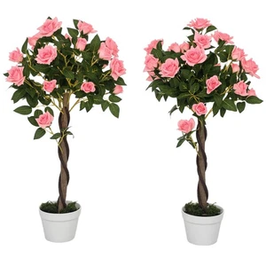 Outsunny Set of 2 90cm Artificial Rose Tree, Fake Decorative Plant, Pink - Picture 1 of 11