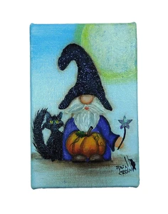 Wizard Under Full Moon with Cat & Pumpkin Original Art by Rain Crow - Picture 1 of 5