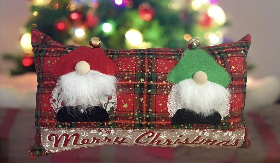 Handmade Christmas Scatter Cushion With Insert Decorated With Christmas Gonks - Image 1 of 1