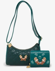 NUEVO CON ETIQUETAS Bolso Bandolera y CARTERA Loungefly Disney Chip and Dale Forest Verde Acolchado! - Imagen 1 de 9
