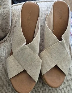 Sonoma Shoes Womens 8.5 Memory Foam Sandals Cork Wedge Beige criss-cross canvas - Picture 1 of 7
