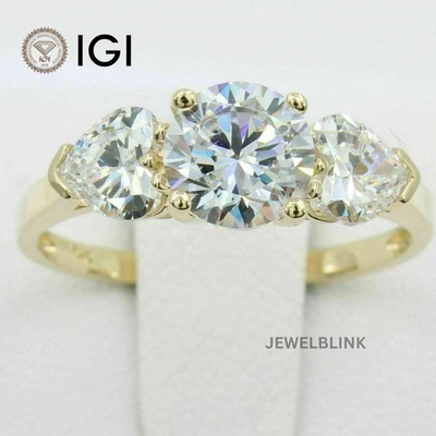 2 Carat Round Cut CVD Lab Grown Diamond Three Stone Wedding 14K Yellow Gold Ring - Image 1 of 4