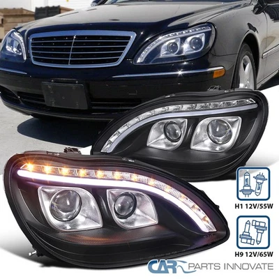 Black Fits 1998-2006 Mercedes W220 S320 S500 S600 LED Strip Projector Headlights - Image 1 of 4