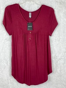 Neu mit Etikett Amclos Medium kurzärmliges weinrotes Oberteil fließende Knöpfe dehnbar - Bild 1 von 7