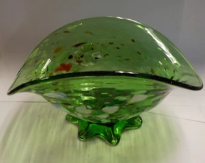 Hand Blown Art Glass Green Footed Bowl w/ Multi-Color Bubbles / Specks - Picture 1 of 13