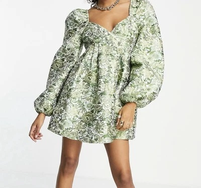 ASOS EDITION Empire Waist Mini Dress in green floral Jacquard - Image 1 of 4