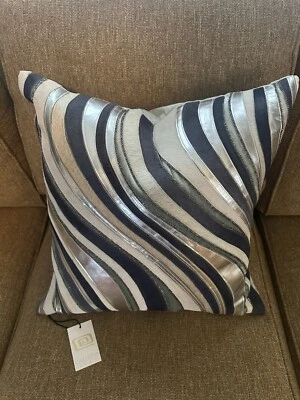 Callisto Home Decorative Pillow Blue Cowhide Stripe Beaded 22” x 22" NEW $300 - Image 1 of 4
