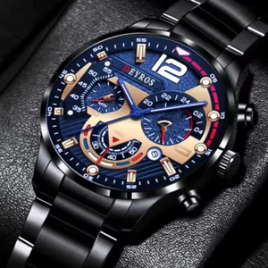 Herren Armbanduhr Chronograph Look klassische Herrenarmbanduhr schwarz blau - Bild 1 von 6