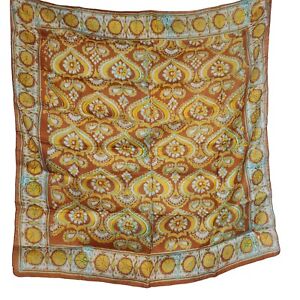 Vintage Silk Scarf Rust Yellow Blue Bohemian Floral 21" Square