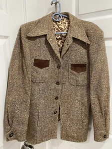 Vintage 1970s Robert Lewis Men's Jacket Wool Tweed Leather Trim Buttons Size 40 - Picture 1 of 6