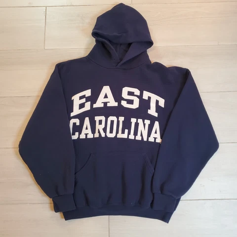 Vintage Russel ECU East Carolina Pirates Hoodie Adult Sz Medium Blue Sweatshirt Cover