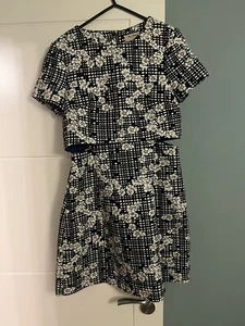 RARE Miss Patina Cut Out Waist Floral Checkered Black & White Dress Size M - Picture 1 of 3