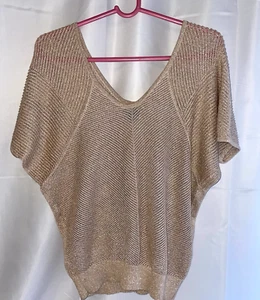 Express   Sweater Short Sleeve Size XS Gold Metallic Open Knit - Picture 1 of 7