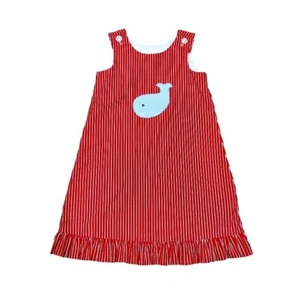 La Jenns Girls Jumper Dress Size 4 Red White Stripes Whale Applique Nautical VTG - Picture 1 of 6