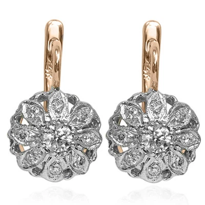 Pendientes estilo europeo de diamantes de oro rosa y blanco macizo de 14 k #E1285 Foto 1 de 4