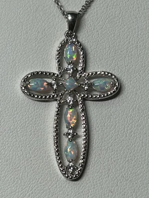 Sterling Silver Opal Cross Pendant Necklace October Birthstone - Image 1 of 4