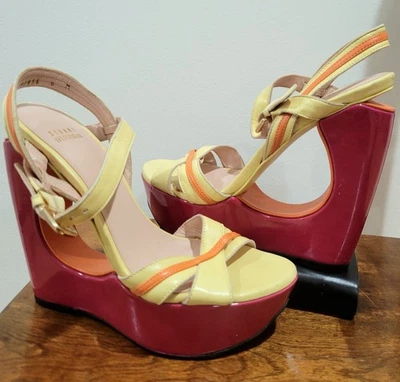 FUNKY Stuart Weitzman Cut Out Wedge Sandal Heels Pink/Orange/Cream Strappy Sz 6 - Image 1 of 4