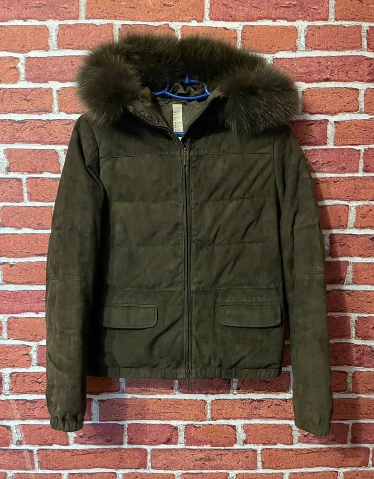 Max Mara Khaki Suede Silk Lined Lampo Down Zip Jacket Coat With Fur Hood Size 8 - Image 1 of 4