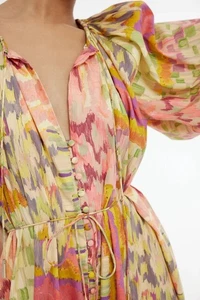 Kinney 100% cotton puff  sleeve  blouse in painterly patchwork size M/UK10 - Picture 1 of 12