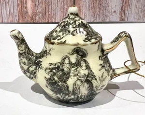 Vtg Mini Black & White French Toile Romantic Scene Porcelain Teapot Ornament - Picture 1 of 8