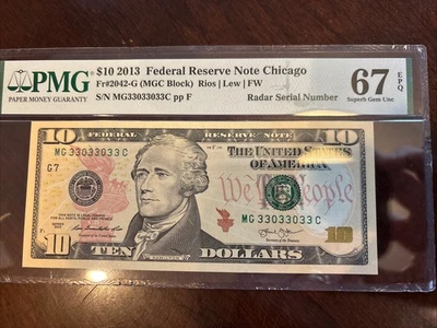 $10 2013 Federal Reserve Note RADAR Serial Number PMG 67 EPQ 33033033 Superb Gem - Image 1 of 2