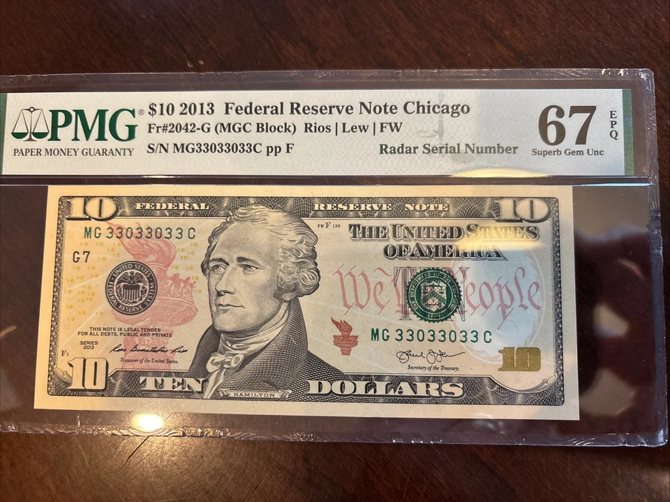 $10 2013 Federal Reserve Note RADAR Serial Number PMG 67 EPQ 33033033 Superb Gem - Image 1 of 2