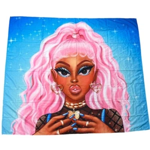 African-American Girl Wall Hanging Tapestry 59x50 Queen Pink Hair Fashion Hooks - Picture 1 of 7