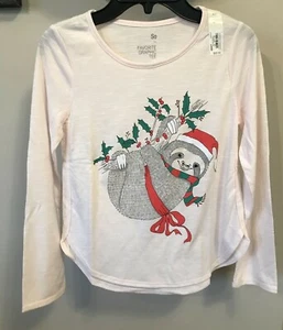 SO Sloth Long Sleeve Pink Holiday Shirt - Girl's Size 8 NEW $20 - Picture 1 of 2