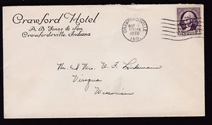 POSTAL HISTORY - CRAWFORD HOTEL 1938, CRAWFORDSVILLE, INDIANA - Picture 1 of 2