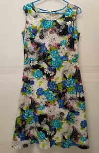 Vintage 1970s Sleeveless Floral Blue Lined Dress Sz 14 44 Polyester Psychedelic - Picture 1 of 9