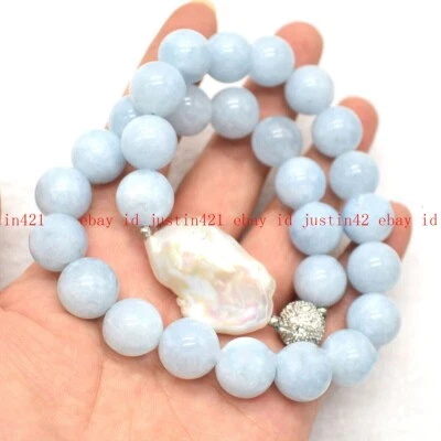 Natural Blue Aquamarine Round Gemstone White Keshi Baroque Pearl Necklace 6-14mm - Image 1 of 4