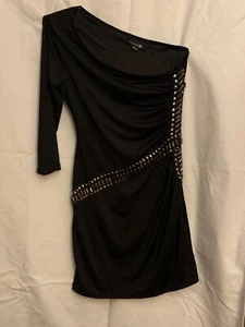Forever 21 One Shoulder Black Beaded Stretch Dress Large - Picture 1 of 7