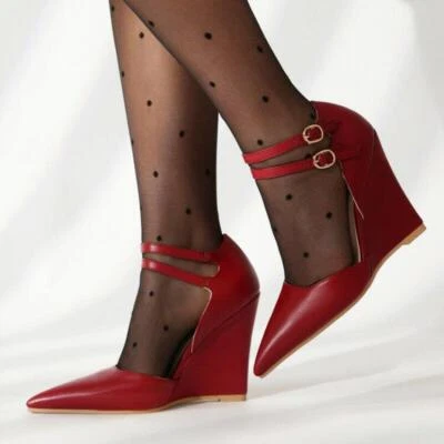 Sexy zapatos de tacón de cuña con punta de primavera para mujer con hebilla correas boda informal  Foto 1 de 4