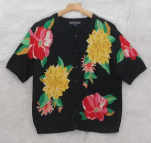 Vintage 90's Herman Geist Cardigan Sweater Women's M Short Sleeve Floral #803 - Picture 1 of 11