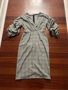 ZARA PLAID CAREER DRESS/S/RUCHED OR PUSH-UP SLEEVES/REAR SPLIT - Picture 1 of 12