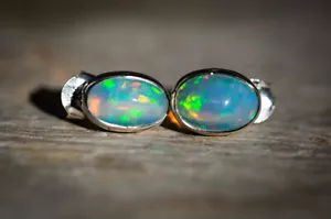 Real Fire Opal Oval Gemstone 925 Sterling Silver Women Simple Stud Earrings - Picture 1 of 4