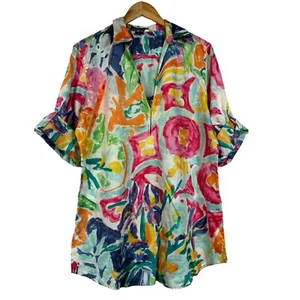 Ralph Lauren Cotton Watercolor Colorful Roll Tab Sleeve Shirt Tunic Women's XL - Picture 1 of 7