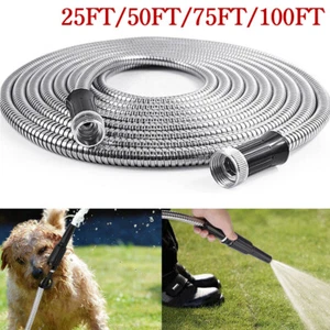 Garden Hose Car Wash Stainless Steel Metallic Heavy Duty Flexible 25-100FT - Picture 1 of 9