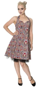 BANNED Dress Size L Russian Doll Print Halterneck Lined Dress Swing Pockets - Picture 1 of 14