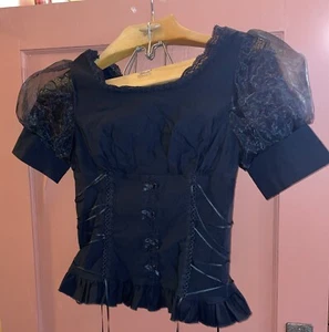 Belle Poque Black Lacy Laced Side Steampunk Half Sleeve Gothic Blouse - Picture 1 of 13