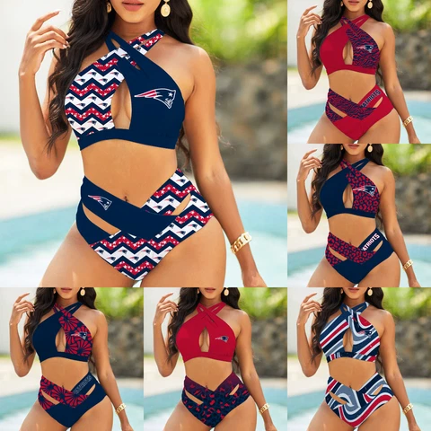 New England Patriots Women’s Front Cross Swimsuit Halter Neck High Waist Bikini Cover