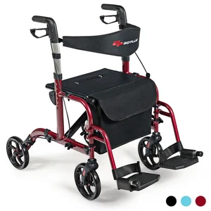 Folding Medical Rollator Walker Aluminum Transport Chair Adjustable Handle Red - Picture 1 of 11