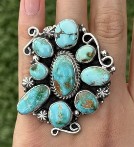 Navajo Sterling Silver Turquoise Cluster Ring. Size 7.5 Geneva - Picture 1 of 12