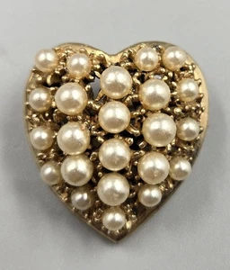**Vtg 1940s Signed REINAD Faux Pearl Gold Tone Heart Brooch Pin** - Picture 1 of 5