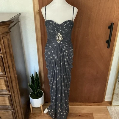 Adrianna Papell Foiled Dot Draped Mesh Gown Slate Gray Sz 6 Grecian-inspired - Image 1 of 4