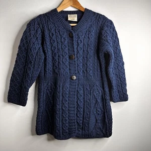 Kilronan Knitwear Sweater Womens XS Blue Merino Wool Irish Aran Cardigan Coat - Picture 1 of 12