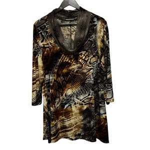 Túnica Susan Graver para mujer XL marrón estampado animal capucha artística cuello tejido líquido top - Imagen 1 de 10