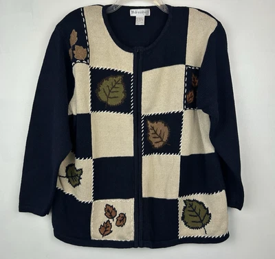 Vintage Fall Leaf Sweater Womens 14 Navy Cardigan Zip XL Applique Teacher Pads - Image 1 of 4
